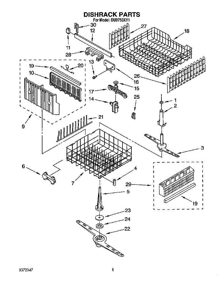 DISHRACK, LIT/OPTIONAL Diagram and Parts List for DU9750XY1  Whirlpool Dishwasher