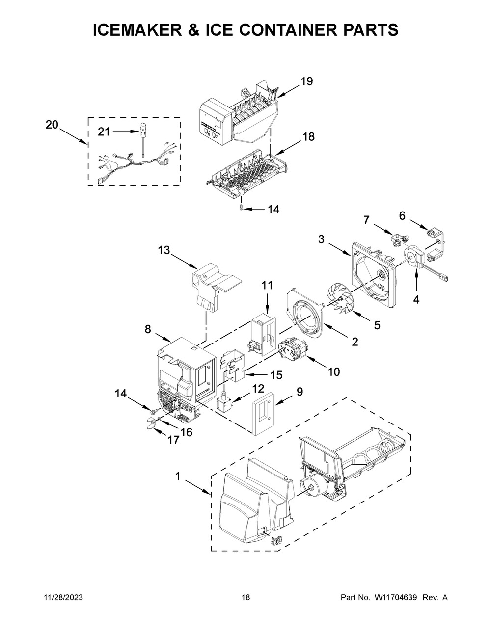 Icemaker And Ice Container Parts Diagram and Parts List for WRX735SDHW09  Whirlpool Refrigerator