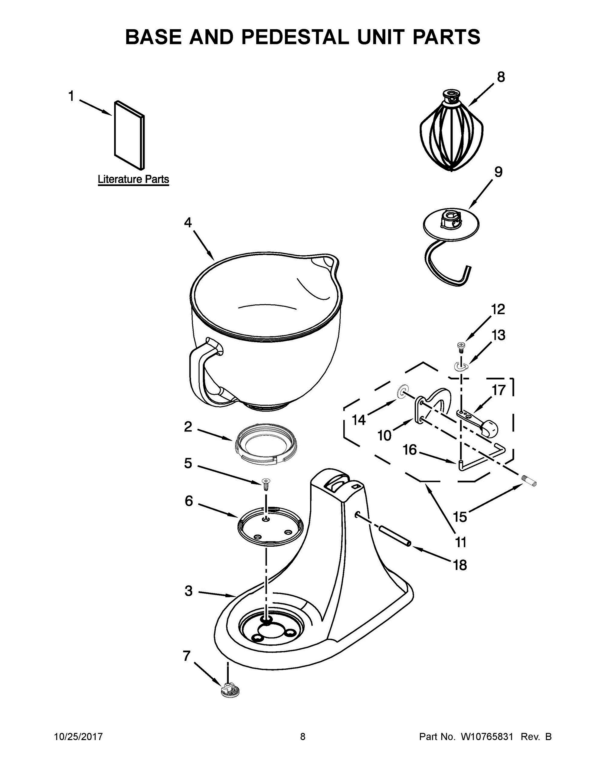 05 - BASE AND PEDESTAL UNIT PARTS Diagram and Parts List for KSM105GBCCL0  Whirlpool Mixer