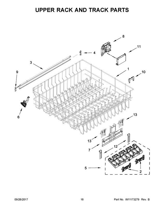 09 - Upper Rack And Track Parts Diagram and Parts List for WDT730PAHV0  Whirlpool Dishwasher