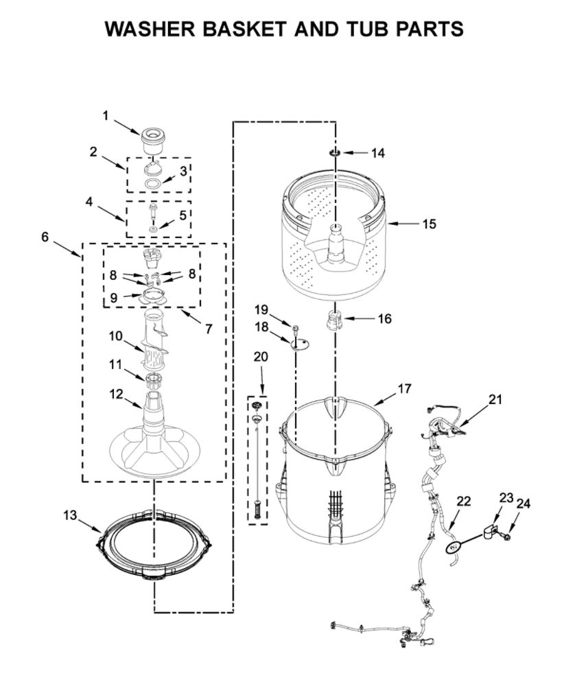 Washer Basket And Tub Parts Diagram and Parts List for WGTLV27HW1  Whirlpool Washer Dryer Combo