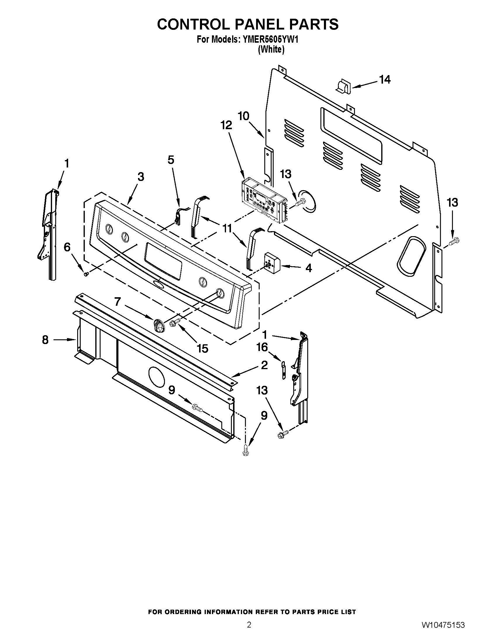 02 - CONTROL PANEL PARTS Diagram and Parts List for YMER5605YW1  Whirlpool Range