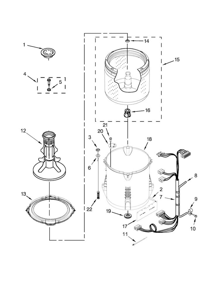 Basket And Tub Parts Diagram and Parts List for 1CWTW4740YQ1  Whirlpool Washer
