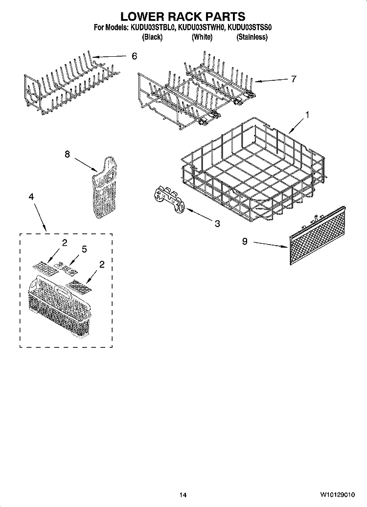 LOWER RACK PARTS Diagram and Parts List for KUDU03STBL0  KitchenAid Dishwasher