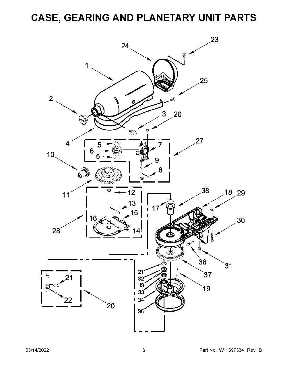 Case, Gearing And Planetary Unit Parts Diagram and Parts List for KSM192XDVB0  KitchenAid Mixer