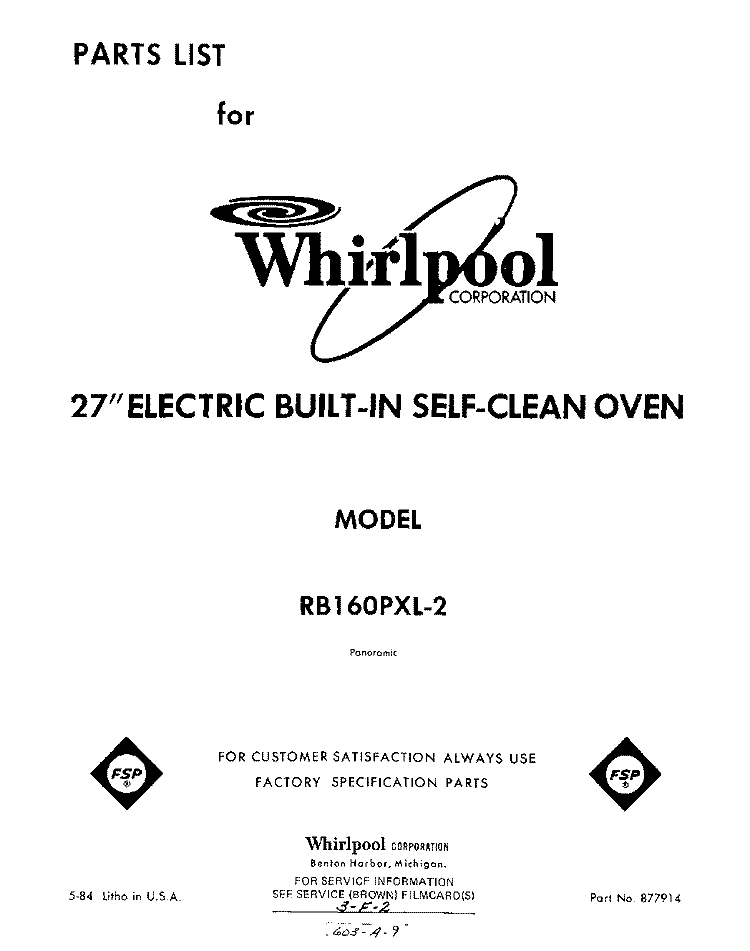 SECTION Diagram and Parts List for RB160PXL2  Whirlpool Wall Oven