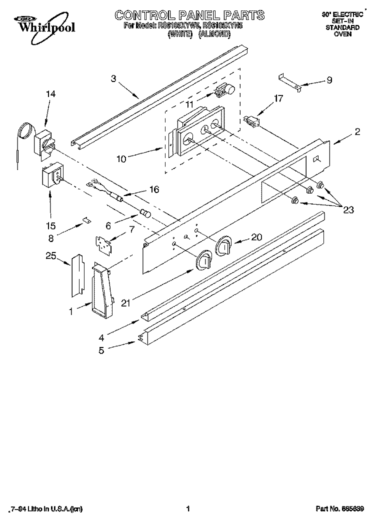 CONTROL PANEL Diagram and Parts List for RS6105XYN5  Whirlpool Range