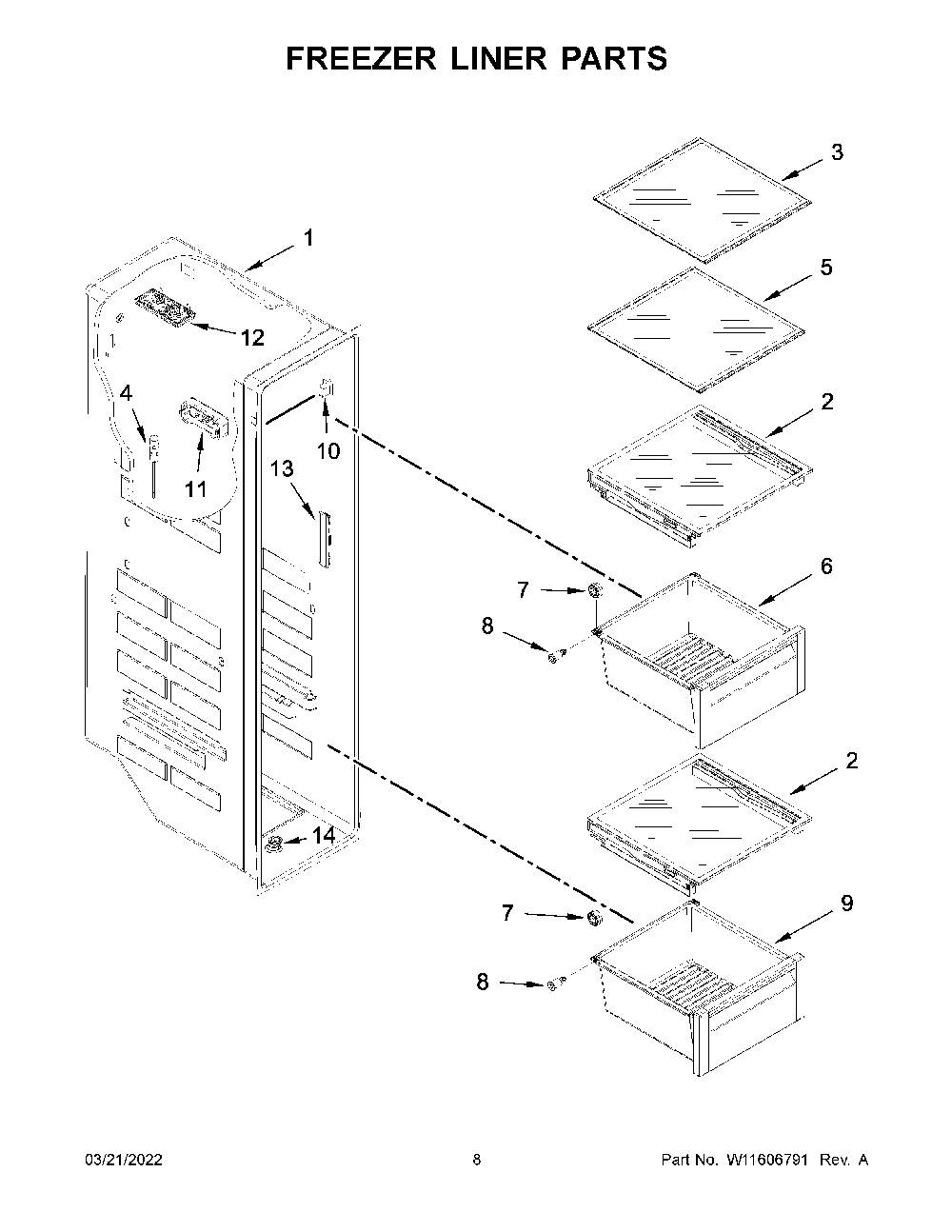 Freezer Liner Parts Diagram and Parts List for KRSF705HBS04  KitchenAid Refrigerator