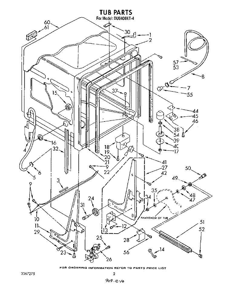 TUB , LITERATURE AND OPTIONAL Diagram and Parts List for DU9400XT4  Whirlpool Dishwasher