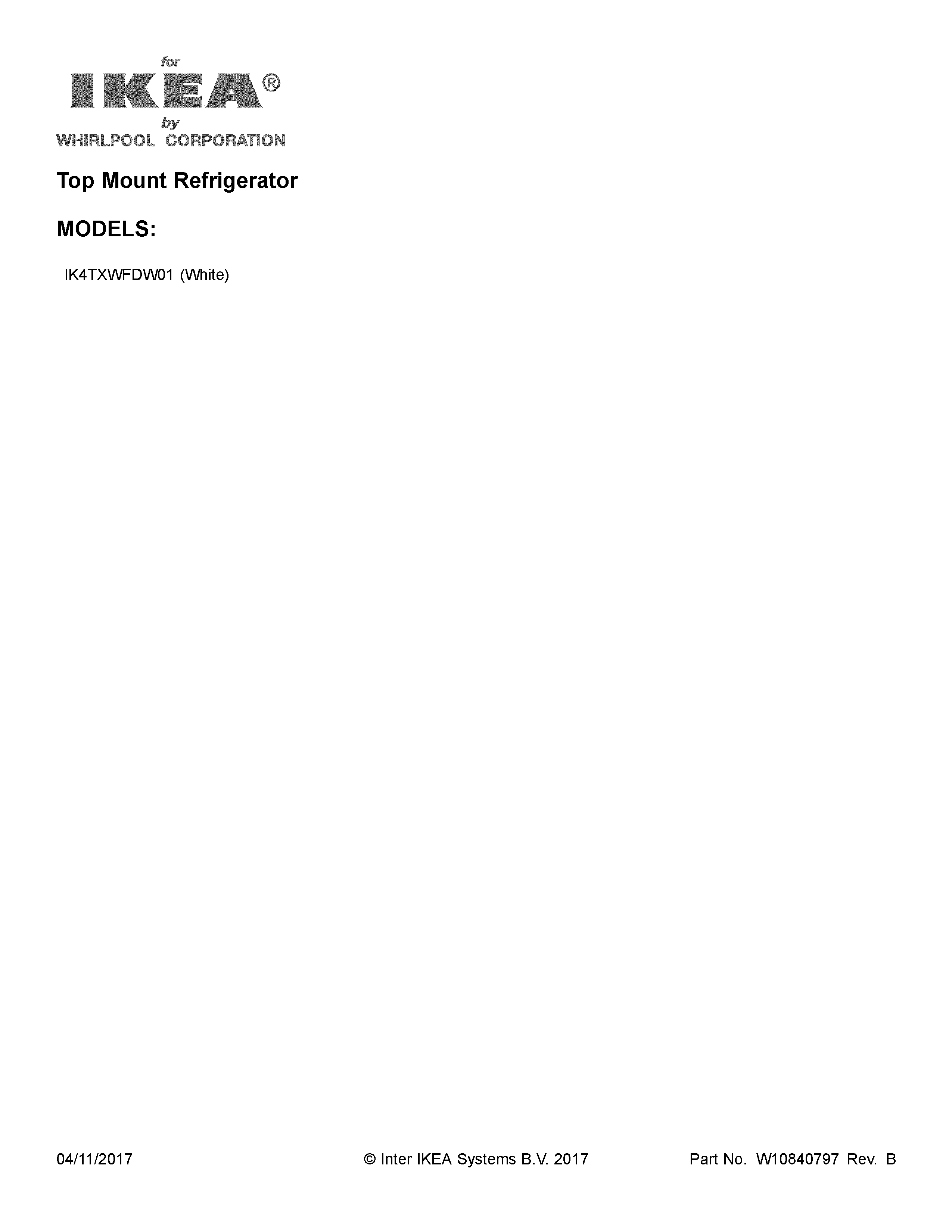 Cover Sheet Diagram and Parts List for IK4TXWFDW01  Whirlpool Refrigerator