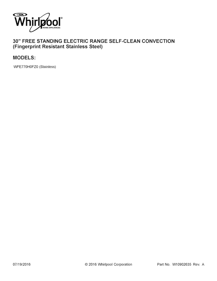 Cover Sheet Diagram and Parts List for WFE770H0FZ0  Whirlpool Range