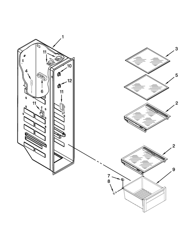 Freezer Liner Parts Diagram and Parts List for BRS75ARANA00  Whirlpool Refrigerator
