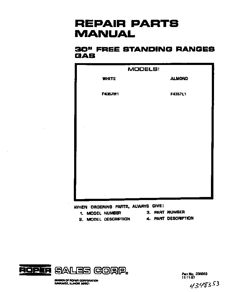 Front Cover Diagram and Parts List for F4357W1  Roper Range