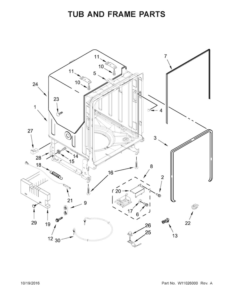 Tub And Frame Parts Diagram and Parts List for KDFE104DWH4  KitchenAid Dishwasher