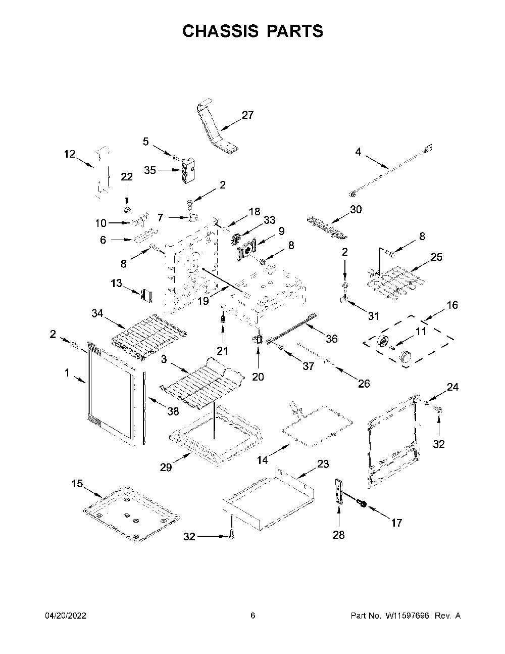 Chassis Parts Diagram and Parts List for YKFEG500EWH7  KitchenAid Range