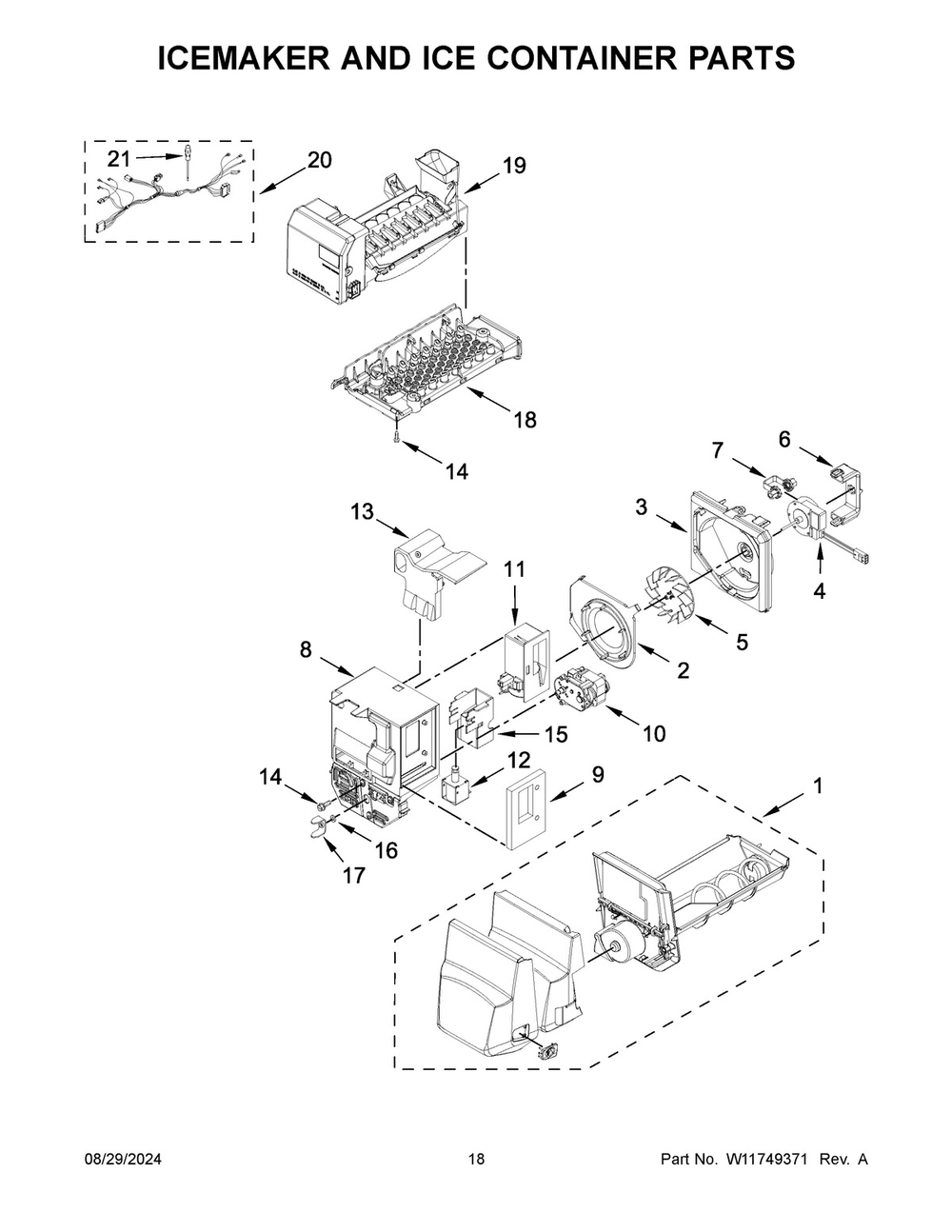 10 - Icemaker And Ice Container Parts Diagram and Parts List for WRFF3436RV00  Whirlpool Refrigerator