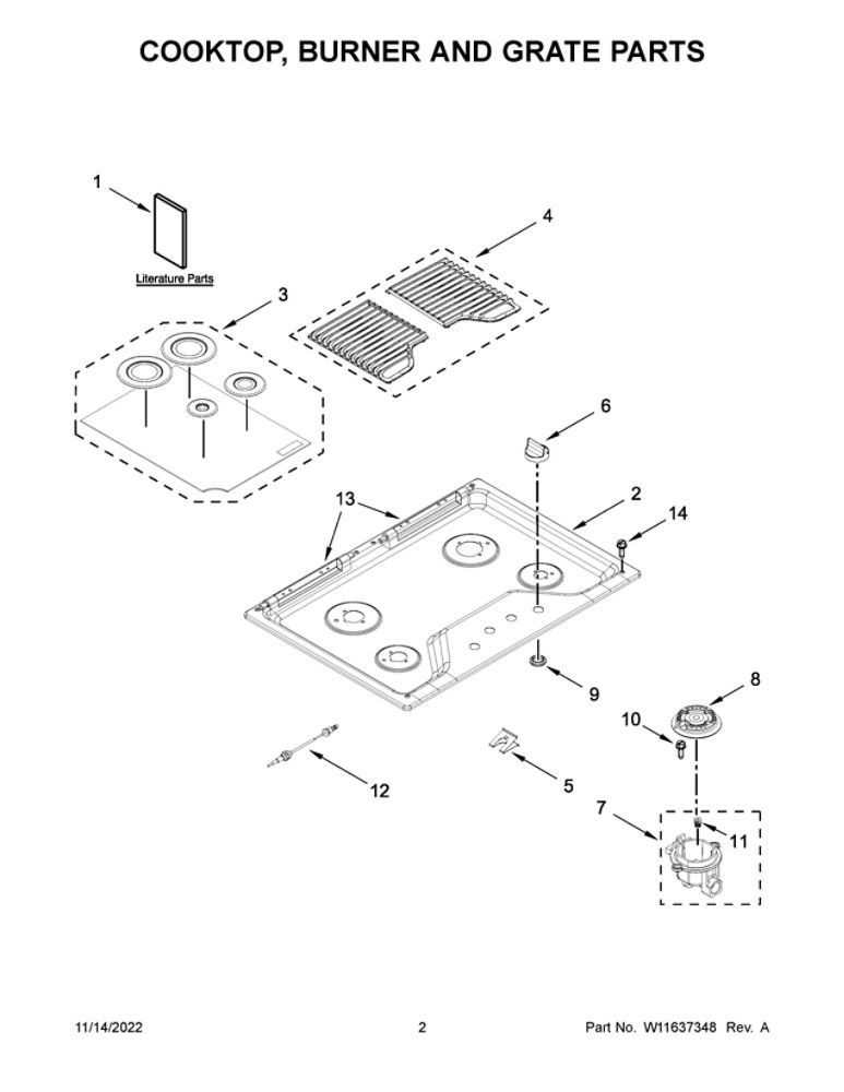 Cooktop, Burner And Grate Parts Diagram and Parts List for WCG55US0HS05  Whirlpool Cooktop