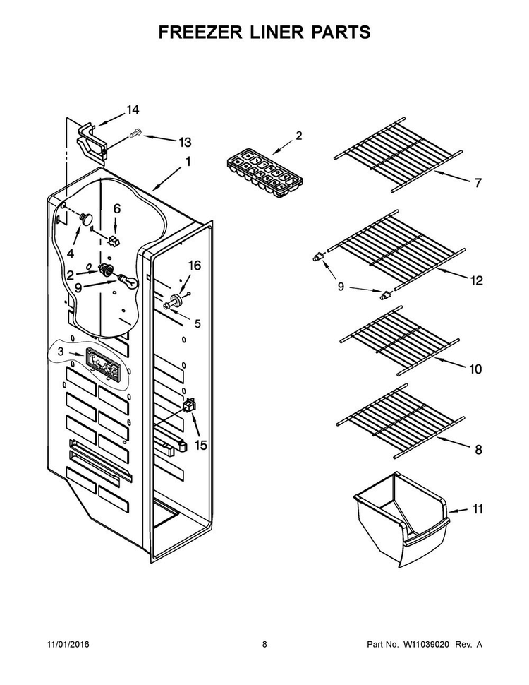 Freezer Liner Parts Diagram and Parts List for WRS322FNAB00  Whirlpool Refrigerator