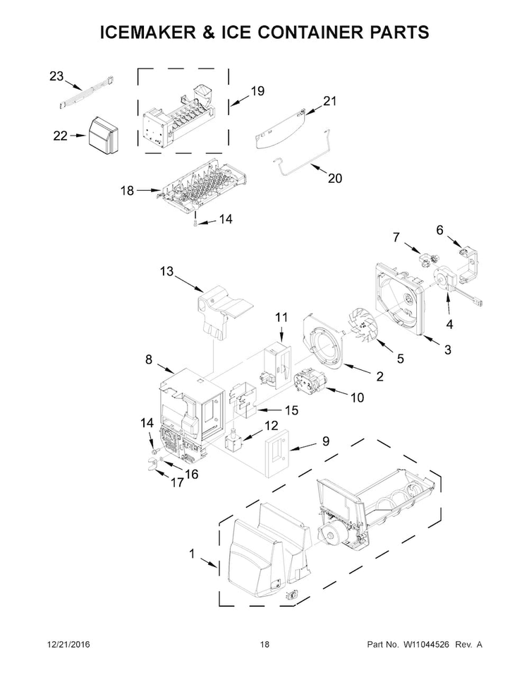 Icemaker And Ice Container Parts Diagram and Parts List for WRX735SDHB00  Whirlpool Refrigerator