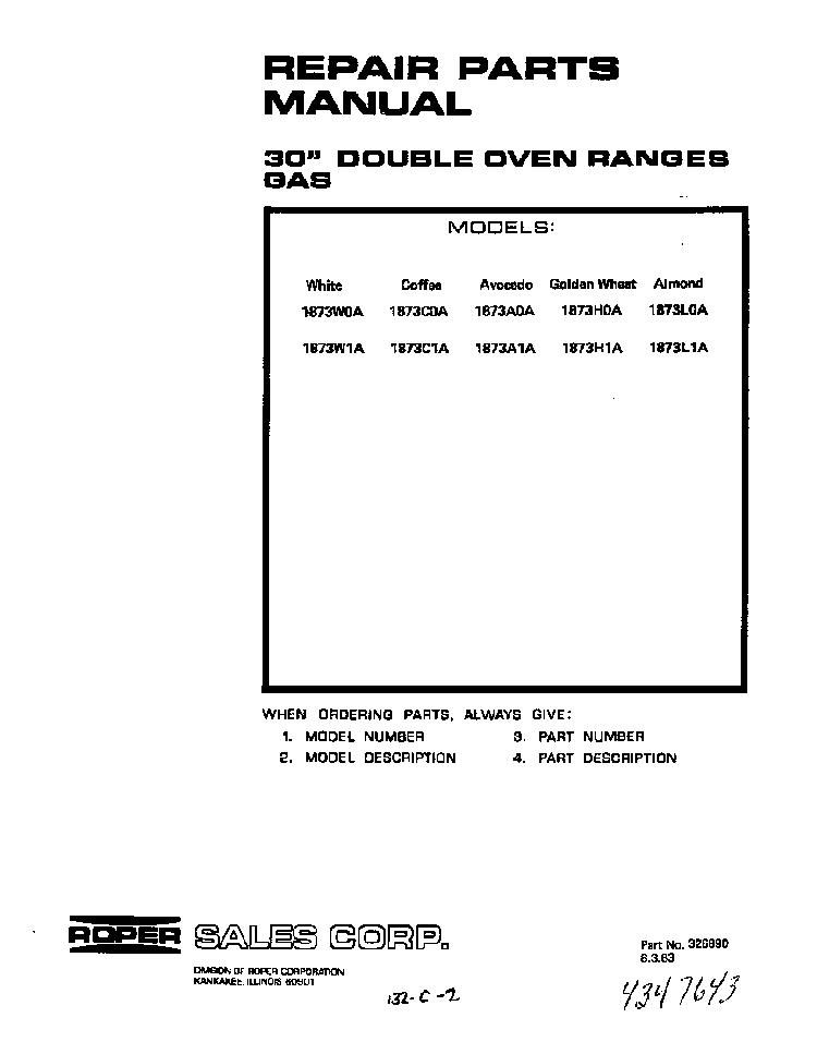 Cover Page-text Only Diagram and Parts List for 1873*1A  Roper Wall Oven