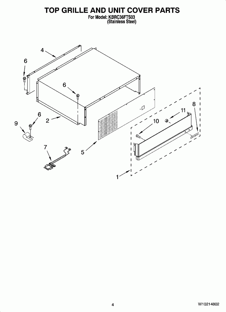 TOP GRILLE AND UNIT COVER PARTS Diagram and Parts List for KBRC36FTS03  KitchenAid Refrigerator