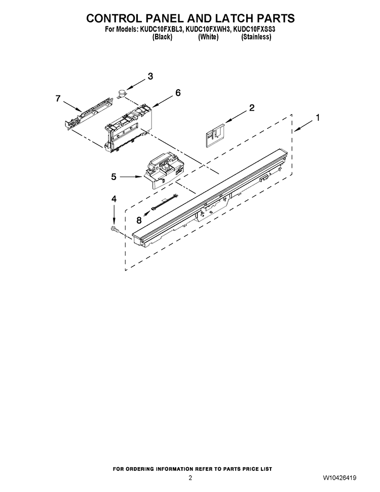 CONTROL PANEL AND LATCH PARTS Diagram and Parts List for KUDC10FXSS3  KitchenAid Dishwasher