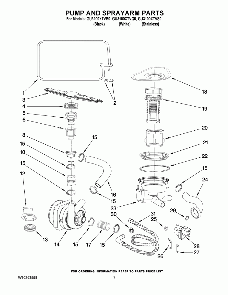 PUMP AND SPRAYARM PARTS Diagram and Parts List for GU3100XTVS0  Whirlpool Dishwasher