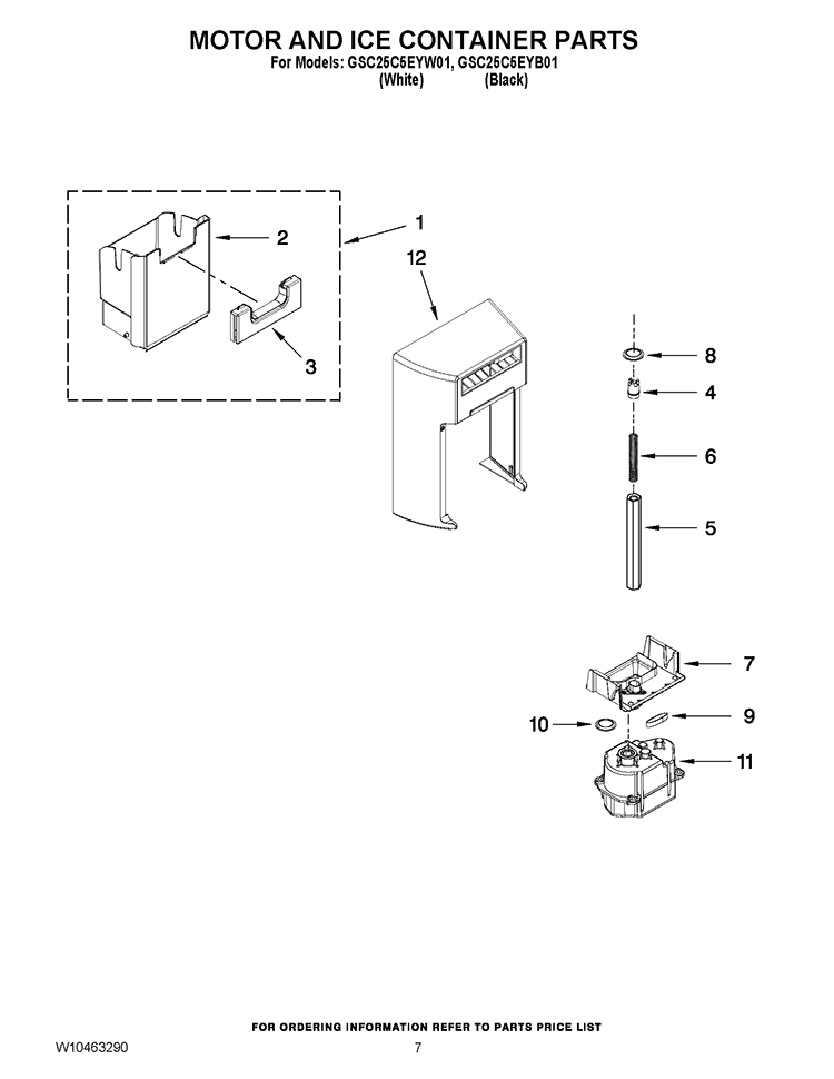 MOTOR AND ICE CONTAINER PARTS Diagram and Parts List for GSC25C5EYW01  Whirlpool Refrigerator