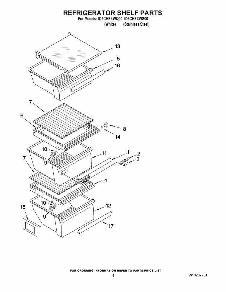 REFRIGERATOR SHELF PARTS Diagram and Parts List for ID3CHEXWS00  Whirlpool Refrigerator