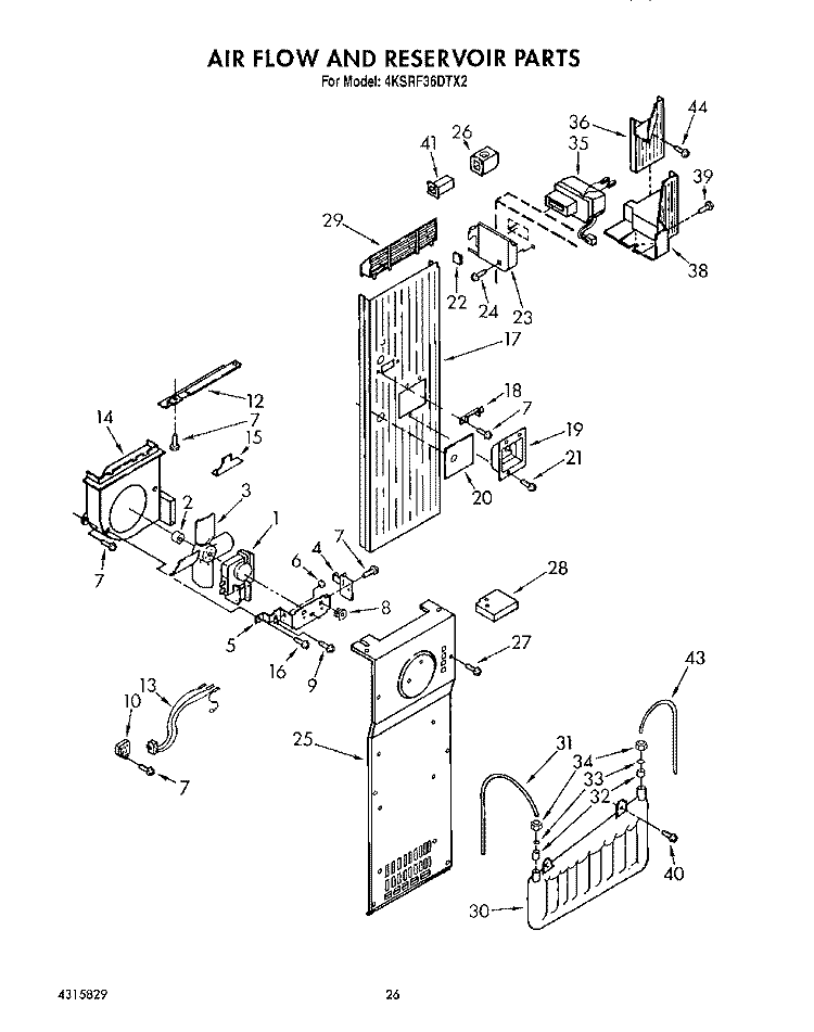 AIR FLOW AND RESERVOIR Diagram and Parts List for 4KSRF36DTX2  KitchenAid Refrigerator