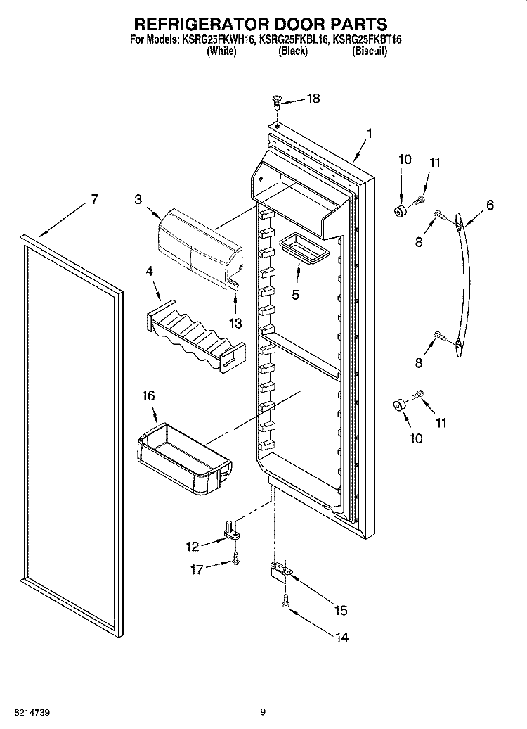 REFRIGERATOR DOOR PARTS Diagram and Parts List for KSRG25FKBT16  KitchenAid Refrigerator