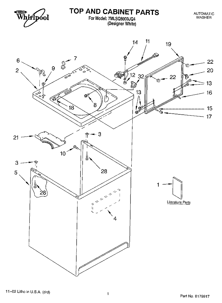 TOP AND CABINET, LITERATURE Diagram and Parts List for 7MLSQ8000JQ4  Whirlpool Washer