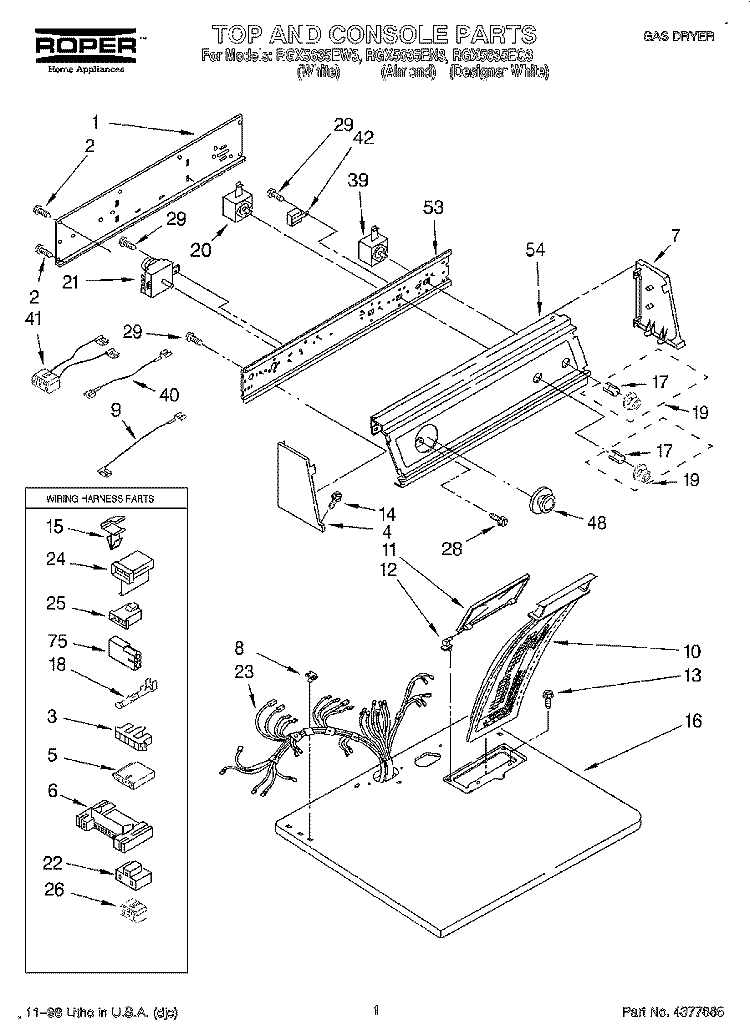 TOP AND CONSOLE, LIT/OPTIONAL Diagram and Parts List for RGX5635EW3  Roper Dryer