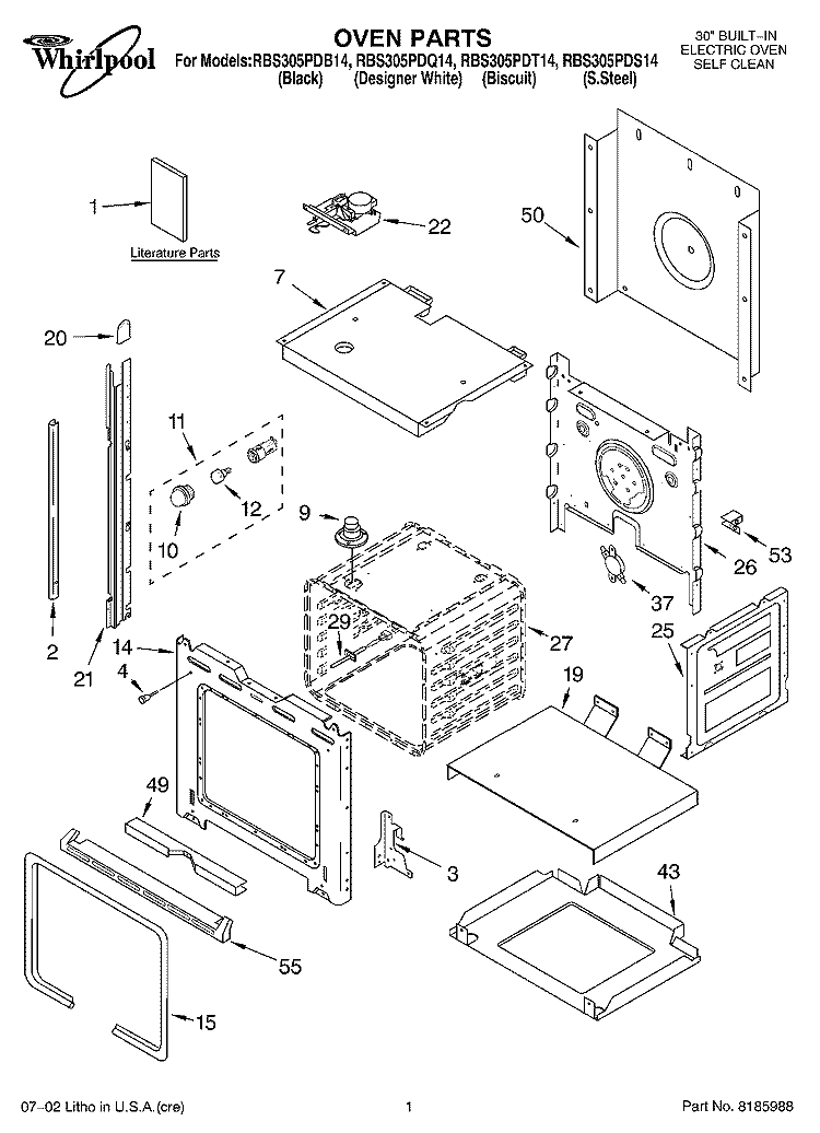 OVEN, LITERATURE Diagram and Parts List for RBS305PDB14  Whirlpool Wall Oven