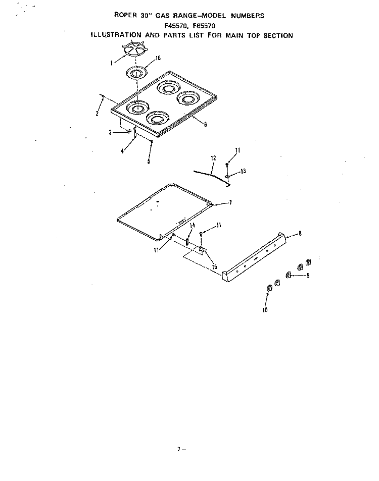 MAIN TOP Diagram and Parts List for F6557W0  Roper Range