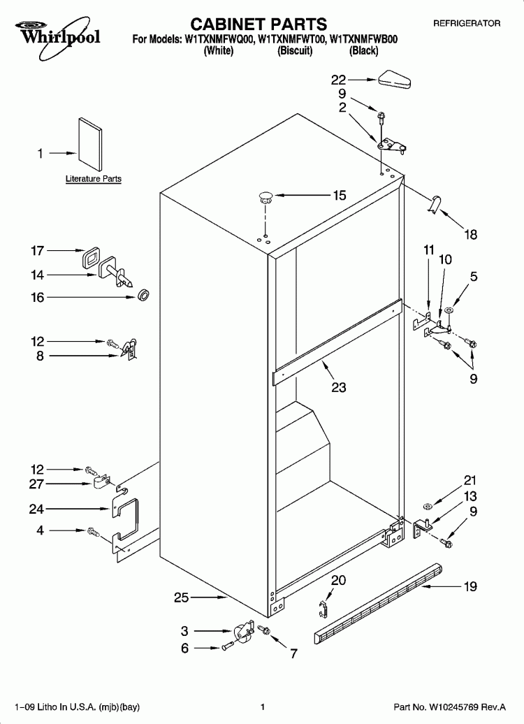 CABINET PARTS Diagram and Parts List for W1TXNMFWB00  Whirlpool Refrigerator