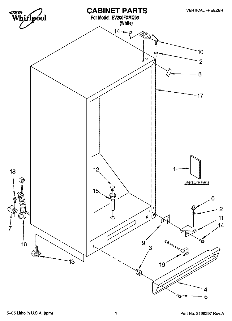CABINET PARTS Diagram and Parts List for EV200FXMQ03  Whirlpool Freezer
