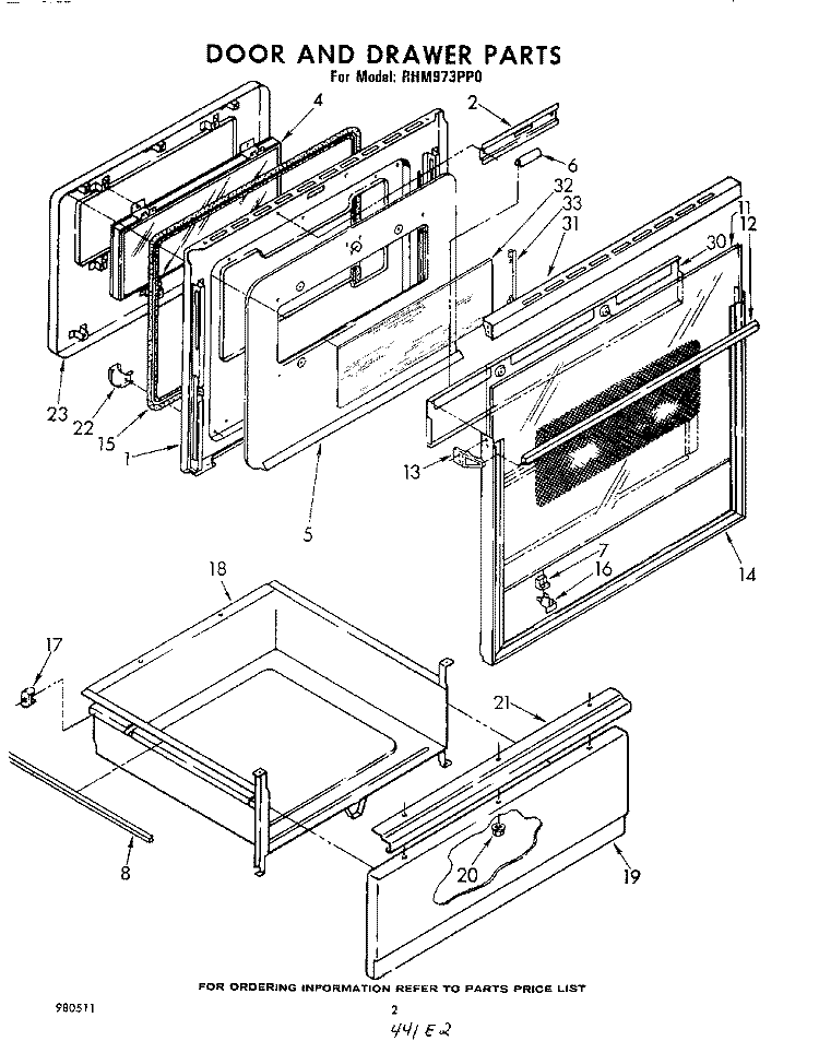 DOOR AND DRAWER Diagram and Parts List for RHM973PP0  Whirlpool Range