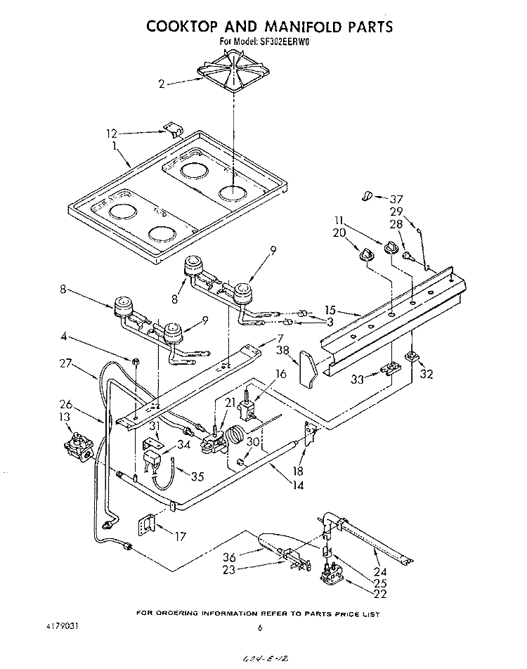 COOK TOP AND MANIFOLD , LITERATURE Diagram and Parts List for SF302EERW0  Whirlpool Range