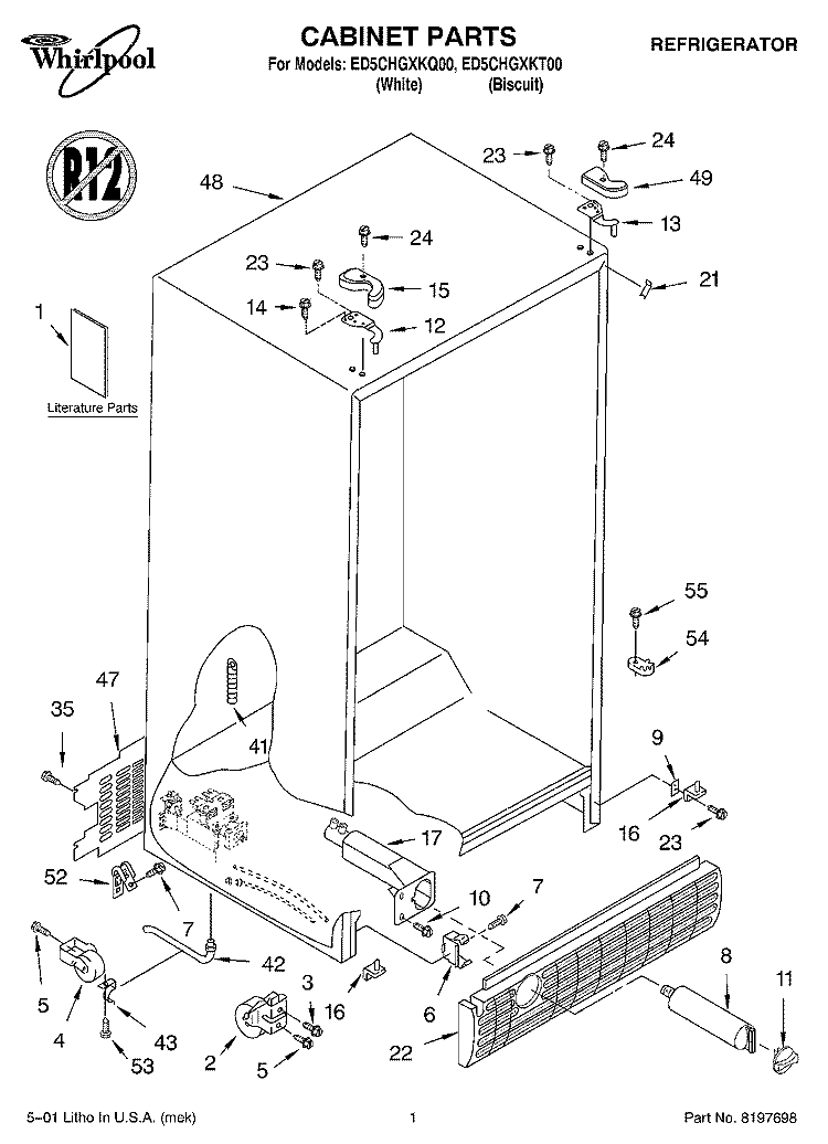 CABINET, LITERATURE Diagram and Parts List for ED5CHGXKQ00  Whirlpool Refrigerator