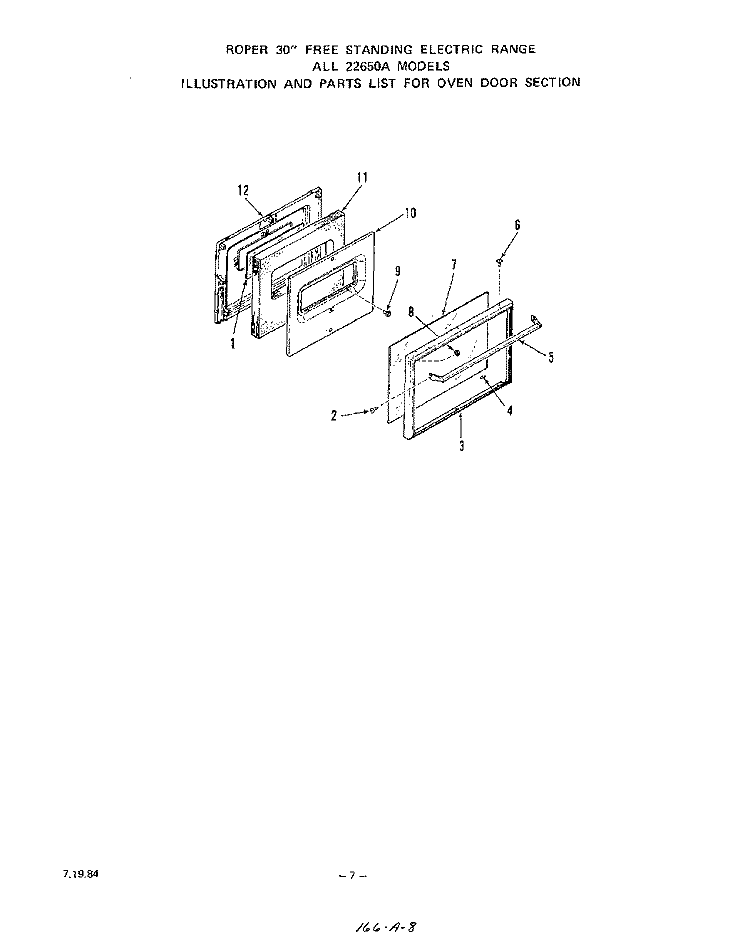 OVEN DOOR Diagram and Parts List for 2265W0A  Roper Range