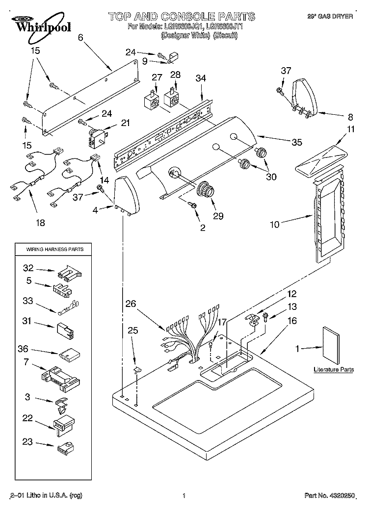 TOP AND CONSOLE, LIT/OPTIONAL Diagram and Parts List for LGR5600JT1  Whirlpool Dryer