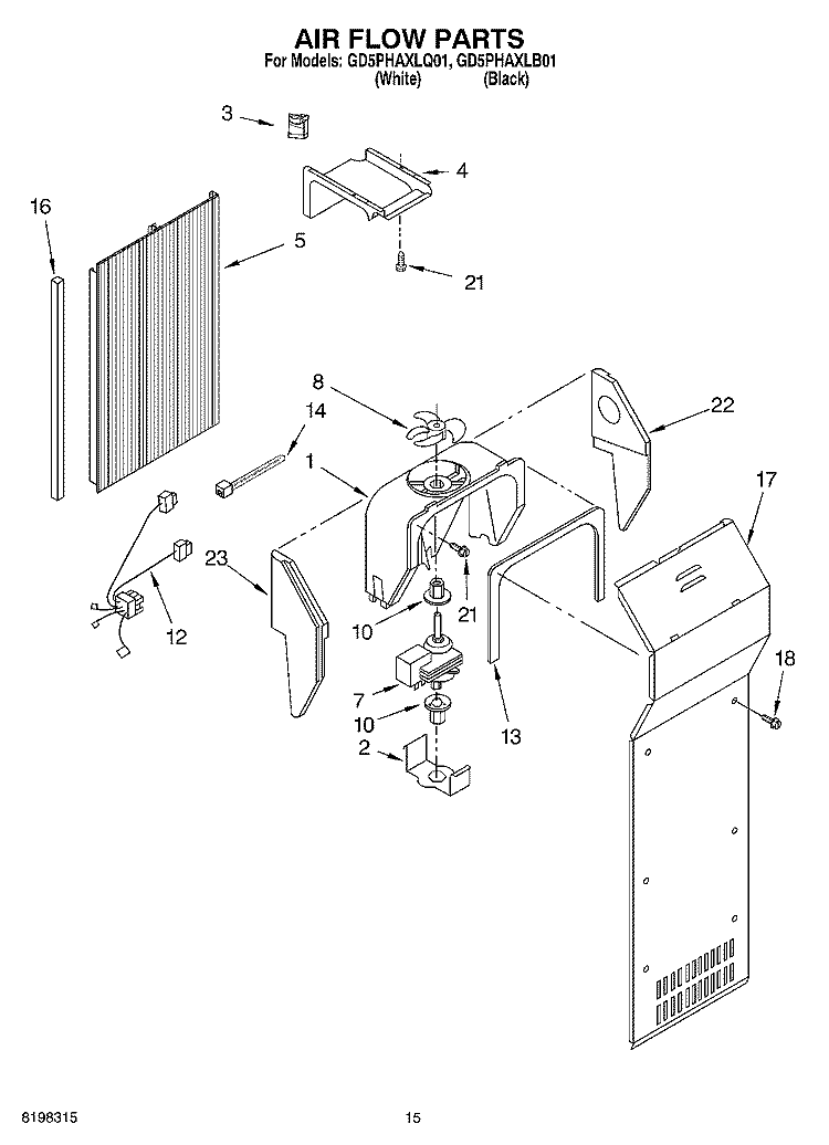 AIR FLOW PARTS Diagram and Parts List for GD5PHAXLQ01  Whirlpool Refrigerator