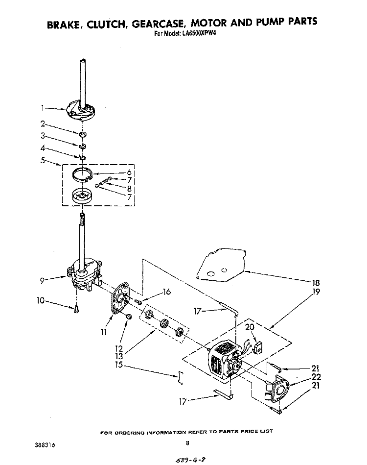 BRAKE, CLUTCH, GEARCASE, MOTOR AND PUMP Diagram and Parts List for LA6500XPW4  Whirlpool Washer