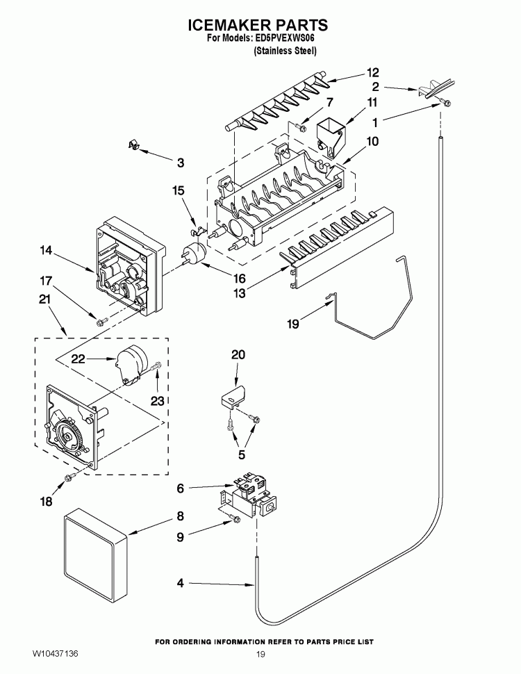 ICEMAKER PARTS Diagram and Parts List for ED5PVEXWS06  Whirlpool Refrigerator
