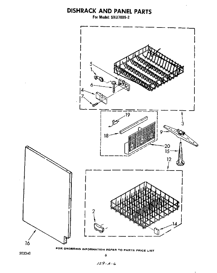 DISHRACK AND PANEL Diagram and Parts List for SHU70052  Whirlpool Dishwasher