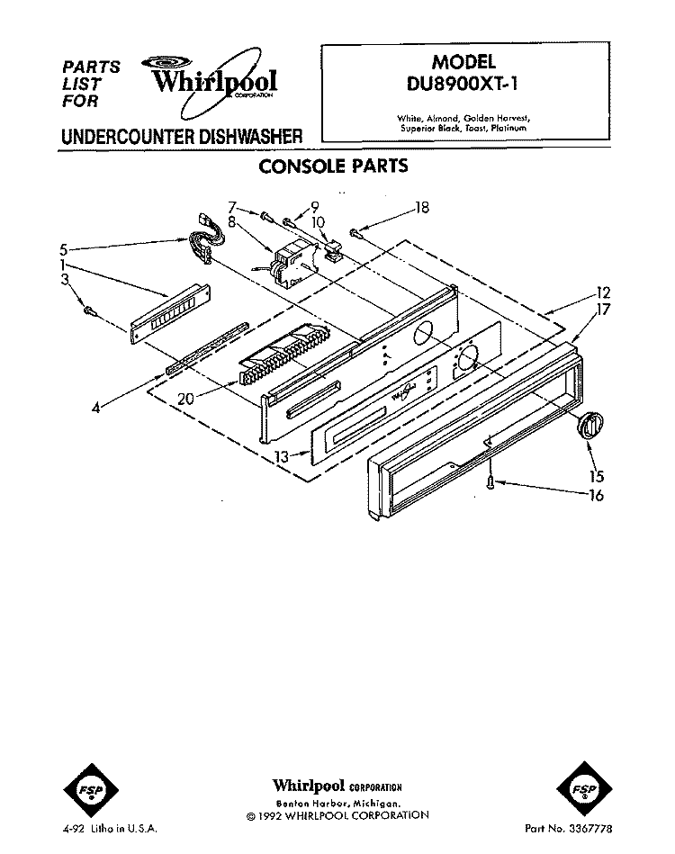 CONSOLE Diagram and Parts List for DU8900XT1  Whirlpool Dishwasher