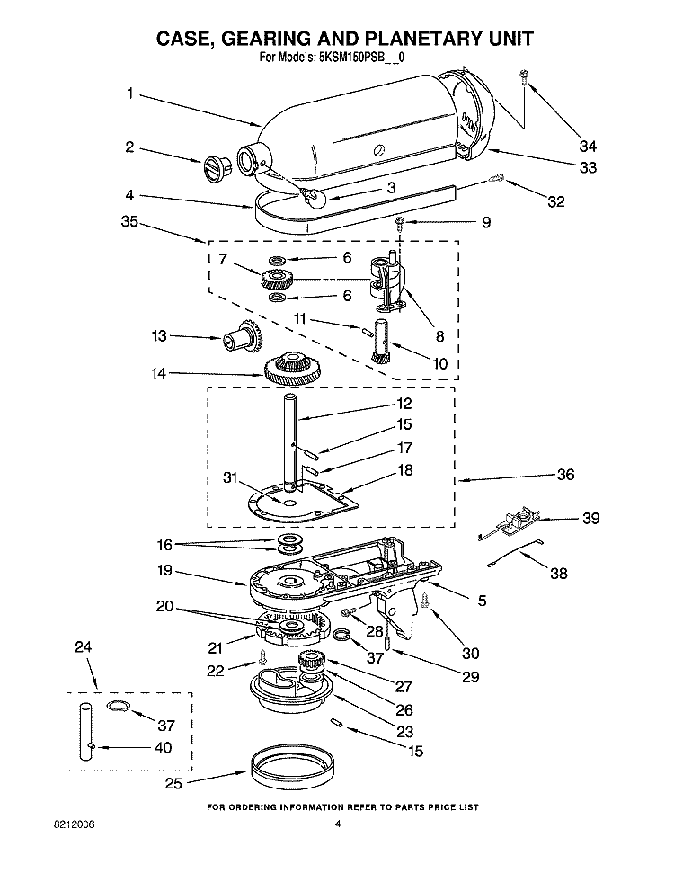 CASE, GEARING AND PLANETARY UNIT Diagram and Parts List for 5KSM150PSBAC0  KitchenAid Mixer
