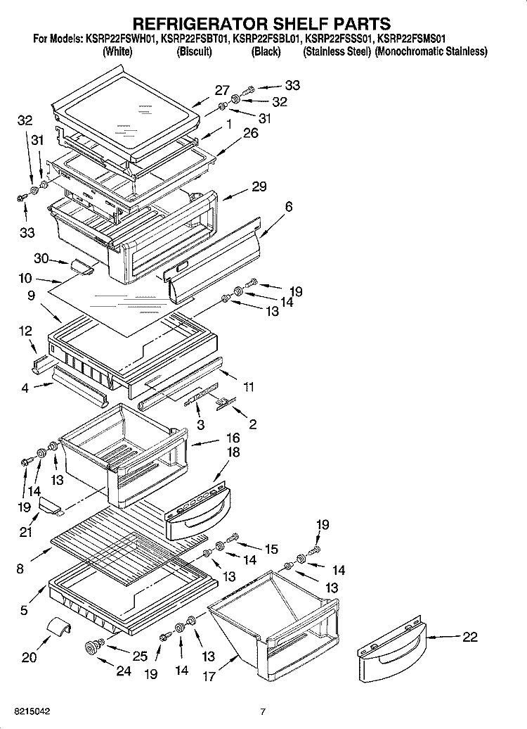 REFRIGERATOR SHELF PARTS Diagram and Parts List for KSRP22FSBT01  KitchenAid Refrigerator