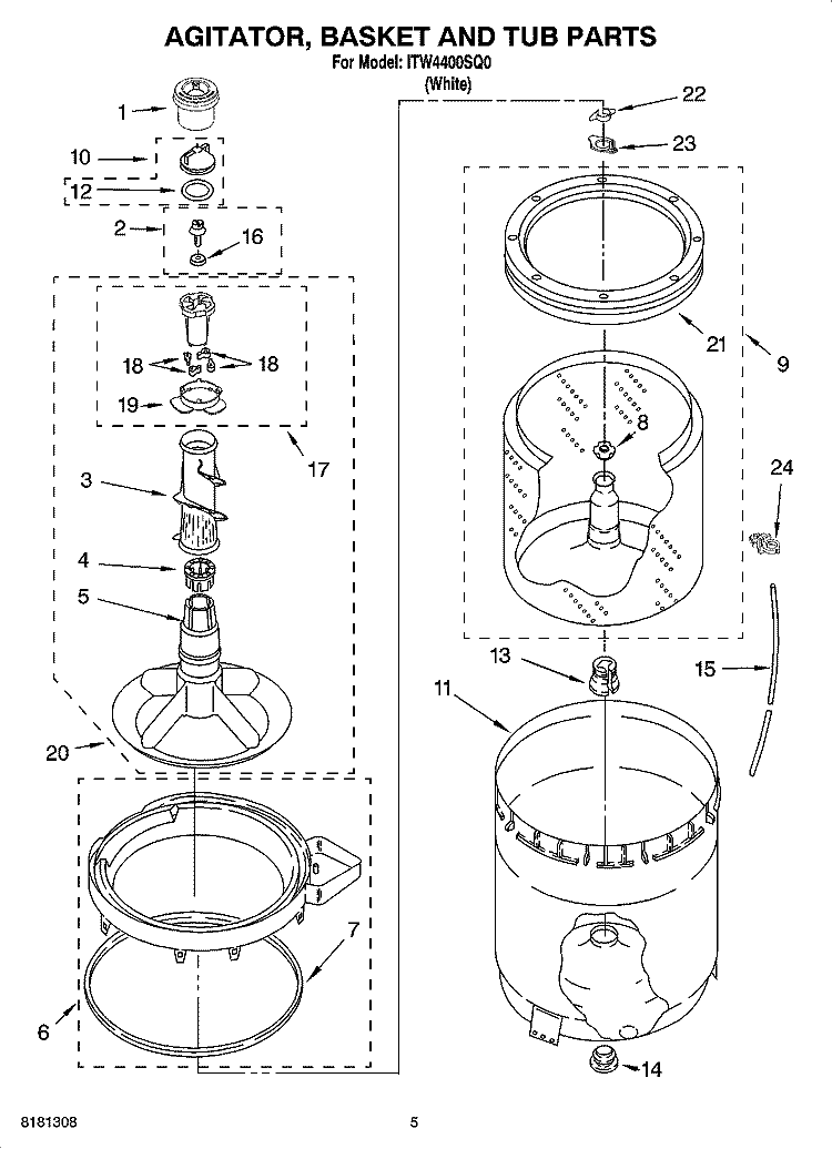 AGITATOR, BASKET AND TUB PARTS Diagram and Parts List for ITW4400SQ0  Inglis Washer